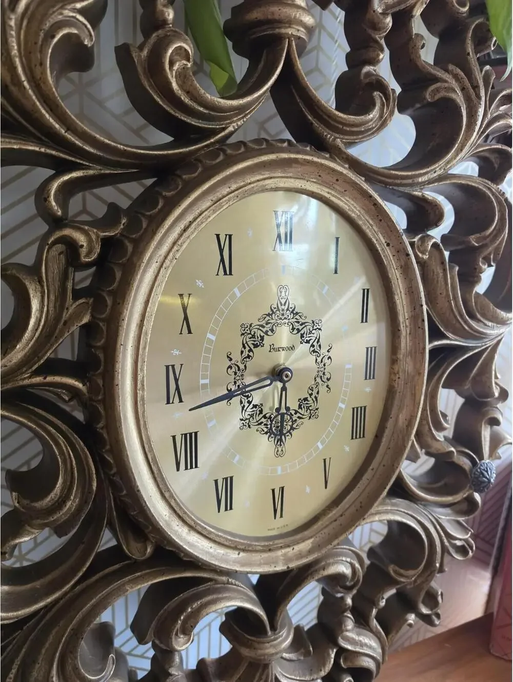 Vintage 1970 Burwood Large Gold Ornate Wall Clock Hollywood Regency 31”x20”